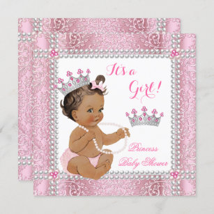 Brunette Princess Baby Shower Girl Pink Pearl Lace Invitation