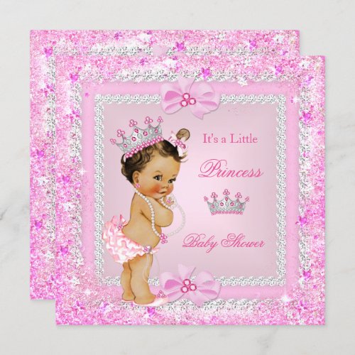 Brunette Princess Baby Shower Pink Glitter Tiara Invitation