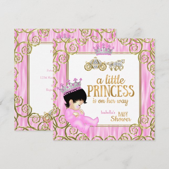 Brunette Princess Baby Shower Pink Horse Carriage Invitation (Front/Back)