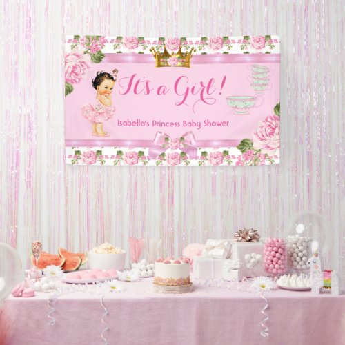 Brunette Princess Baby Shower Pink Roses Tea Party Banner