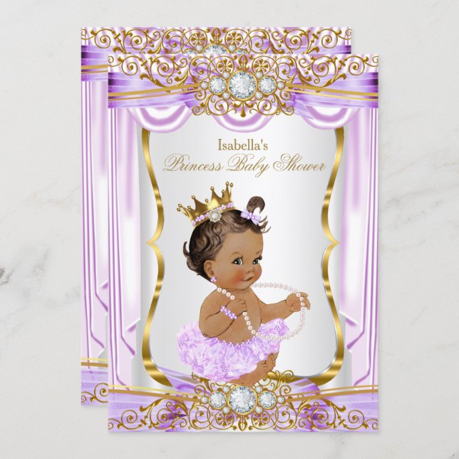 Brunette Princess Baby Shower Purple Silk Gold Invitation (Front/Back)