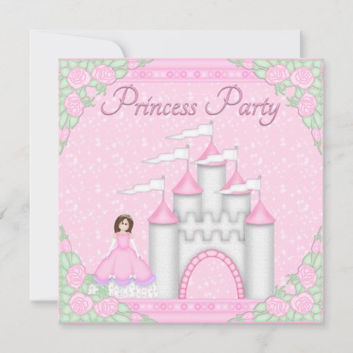 Brunette Princess  Castle Pink Princess Party Invitation