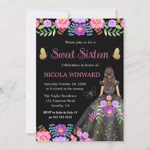 Brunette Princess Mexican Floral Dress Sweet 16 Invitation