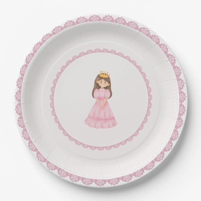 Brunette Princess Pink Lace Enchanting  Paper Plates (Front)