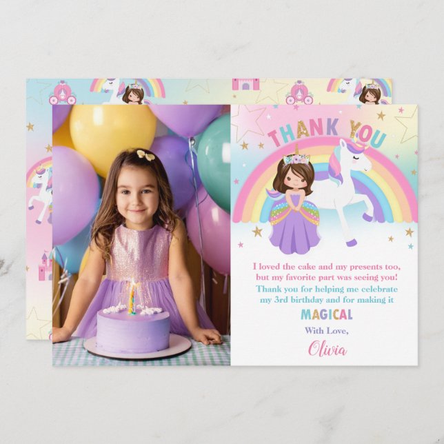 Brunette Princess Rainbow Unicorn Birthday Photo Thank You Card (Front/Back)