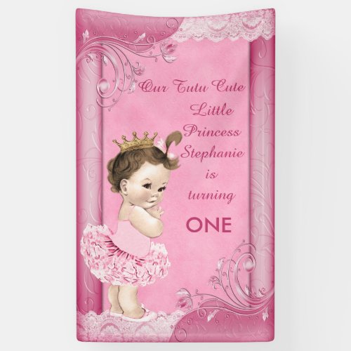 Brunette Princess Tutu Cute 1st Birthday Faux Lace Banner
