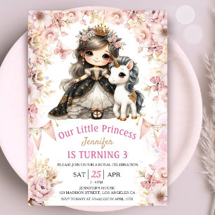 Brunette Princess Unicorn 3rd Birthday Invitation