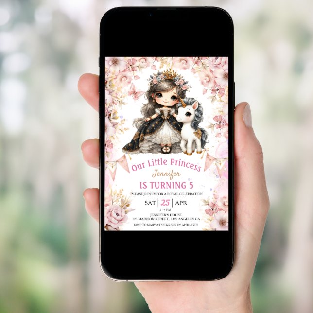 Brunette Princess Unicorn 5th Birthday Invitation (Front Digital)