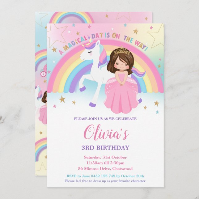 Brunette Princess Unicorn Birthday Rainbow     Inv Invitation (Front/Back)