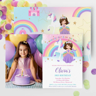 Brunette Princess Unicorn Birthday Rainbow Photo Invitation