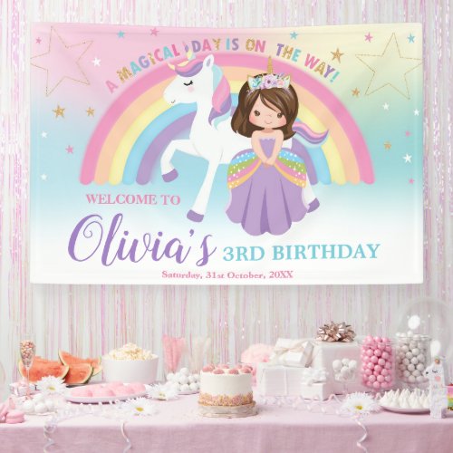 Brunette Princess Unicorn Birthday Rainbow Welcome Banner