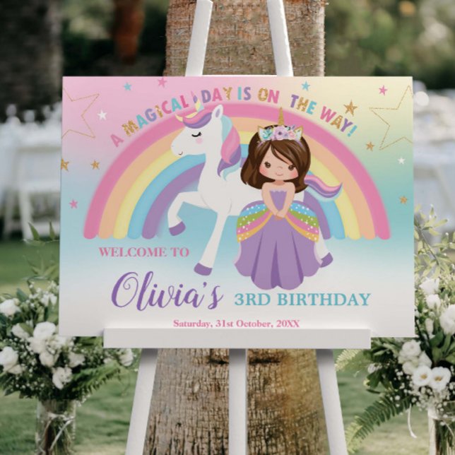 Brunette Princess Unicorn Birthday Rainbow Welcome Foam Board (Creator Uploaded)