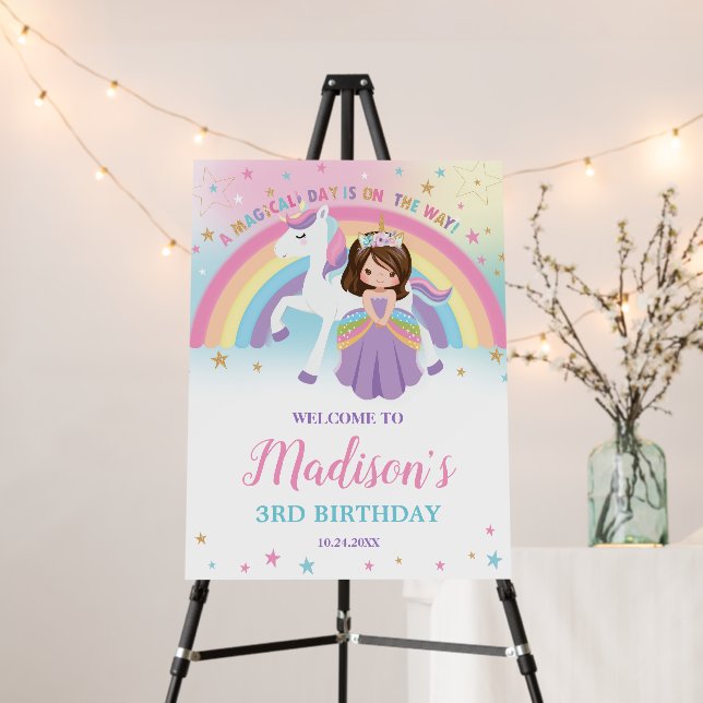 Brunette Princess Unicorn Birthday Rainbow Welcome Foam Board (In Situ (Stand))