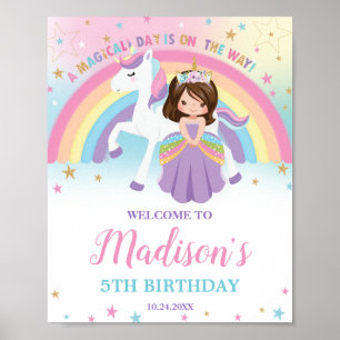 Brunette Princess Unicorn Birthday Rainbow Welcome Poster