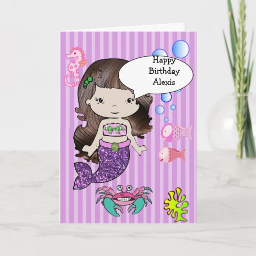 Brunette Purple Mermaid Happy Birthday Card