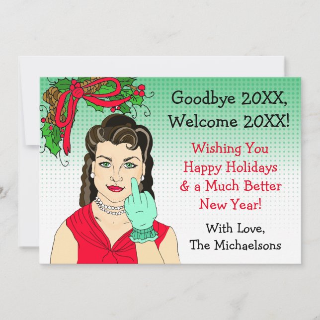 Brunette Retro Lady  Flipping the Bird Christmas Card (Front)
