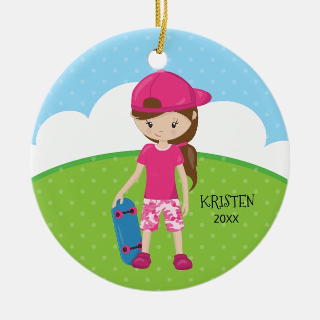 Brunette Skateboard Girl Personalized Christmas Ceramic Ornament (Front)