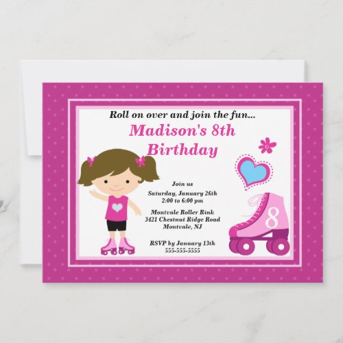 Brunette Skater Girl Skating Birthday Party Invitation