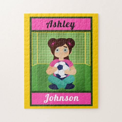 Brunette Soccer Girl Green Field Players Name Fun Jigsaw Puzzle