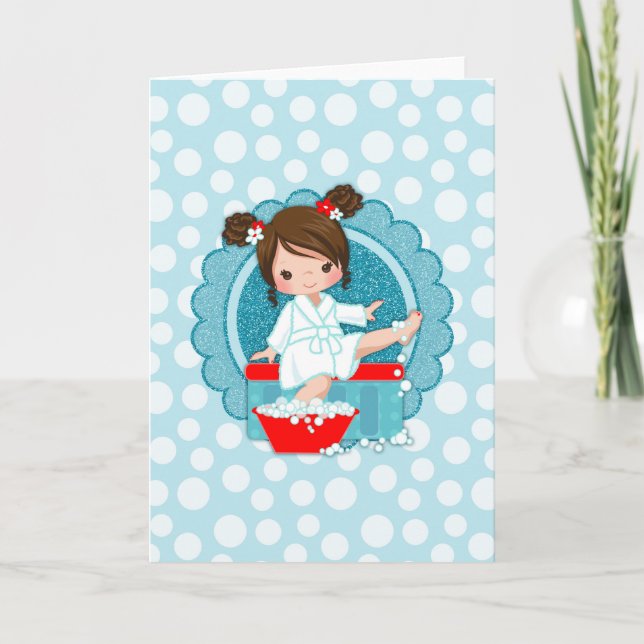 Brunette Spa Girl Bubbles Turquoise Red White Card (Front)