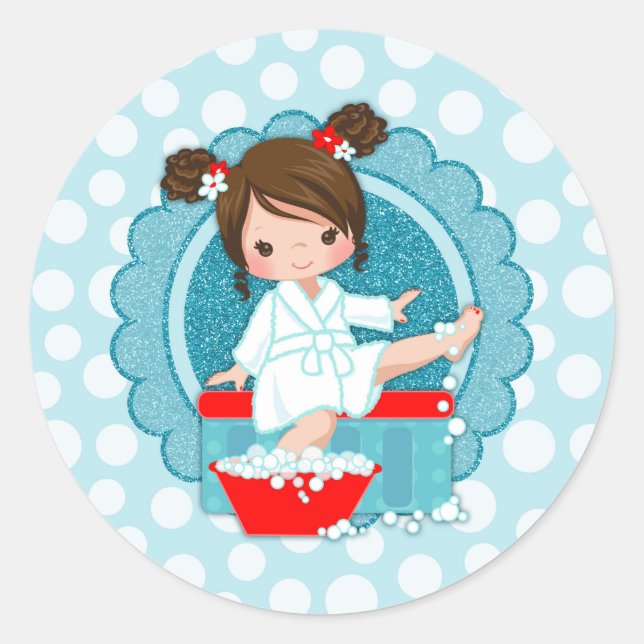 Brunette Spa Girl Bubbles Turquoise Red White Classic Round Sticker (Front)