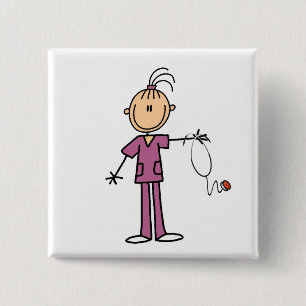 Brunette Stick Figure Nurse Button