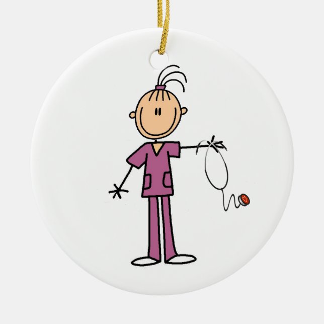 Brunette Stick Figure Nurse Ceramic Ornament (Front)