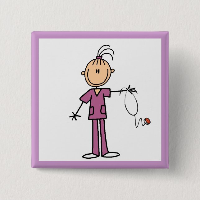 Brunette Stick Figure Nurse Pinback Button (Front)