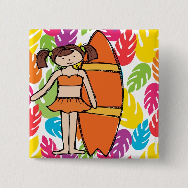 Brunette Surfer Girl Button (Front)