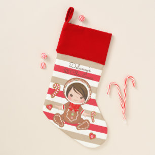 Brunette Sweet Gingerbread Baby First Christmas Christmas Stocking