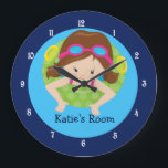 Brunette Swim Team Girls Bedroom Custom Blue Large Clock<br><div class="desc">Cool personalized swimmer wall clock for a brunette swim team girl's bedroom. Features a pretty brown haired child wearing pink goggles in a pretty inner tube in a blue swimming pool. Customize with a name for a swim team room.</div>