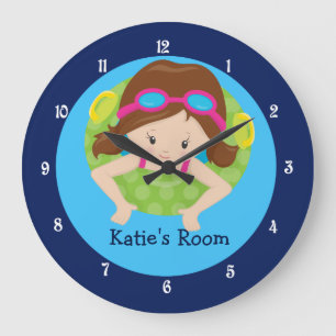 Brunette Swim Team Girls Bedroom Custom Blue Large Clock