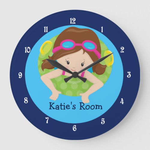 Brunette Swim Team Girls Bedroom Custom Blue Large Clock