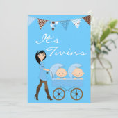 Brunette Twin Boys Baby Shower Invitation (Standing Front)