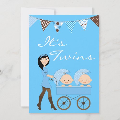 Brunette Twin Boys Baby Shower Invitation