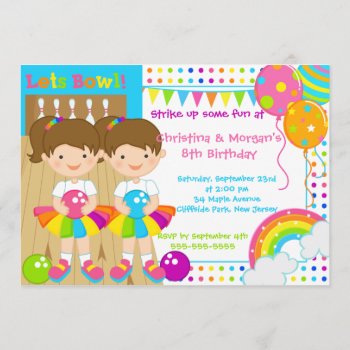 Brunette Twins Girl Bowling Birthday Party Invitation by alleventsinvitations at Zazzle