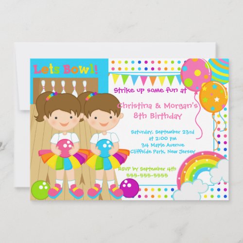 Brunette Twins Girl Bowling Birthday Party Invitation