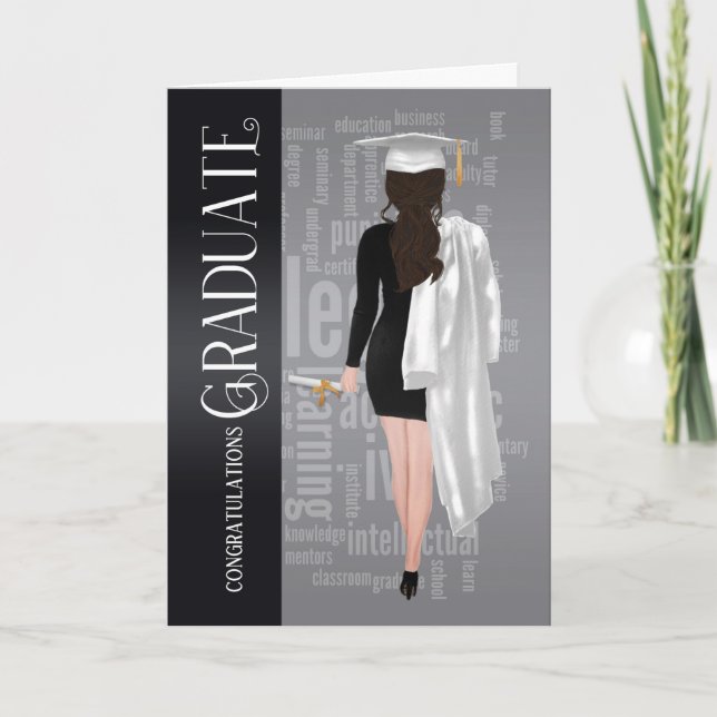 Brunette White Cap and Gown Female Graduate Card (Front)