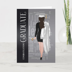 Brunette White Cap and Gown Female Graduate Card