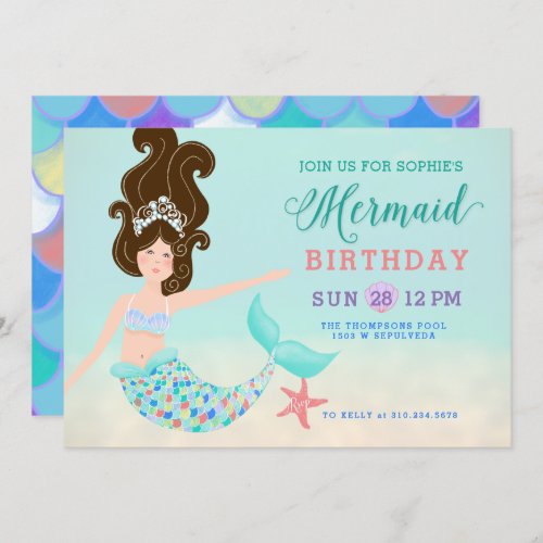 Brunette White Mermaid Birthday Party Invitation