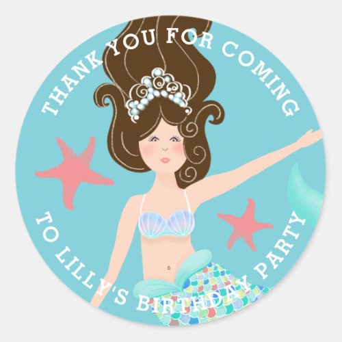 Brunette White Mermaid Birthday Thank You Classic Round Sticker