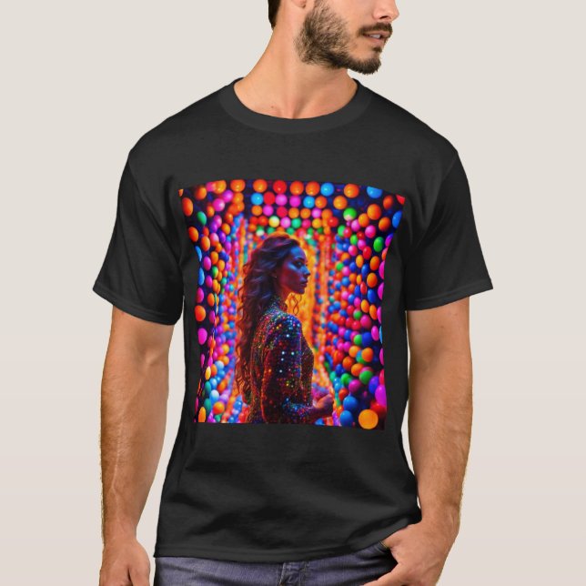 Brunette with glowing neon spheres T-Shirt (Front)