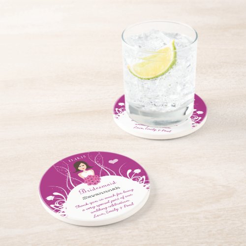 Brunette with Side Part on Plum Bridesmaid Coaster