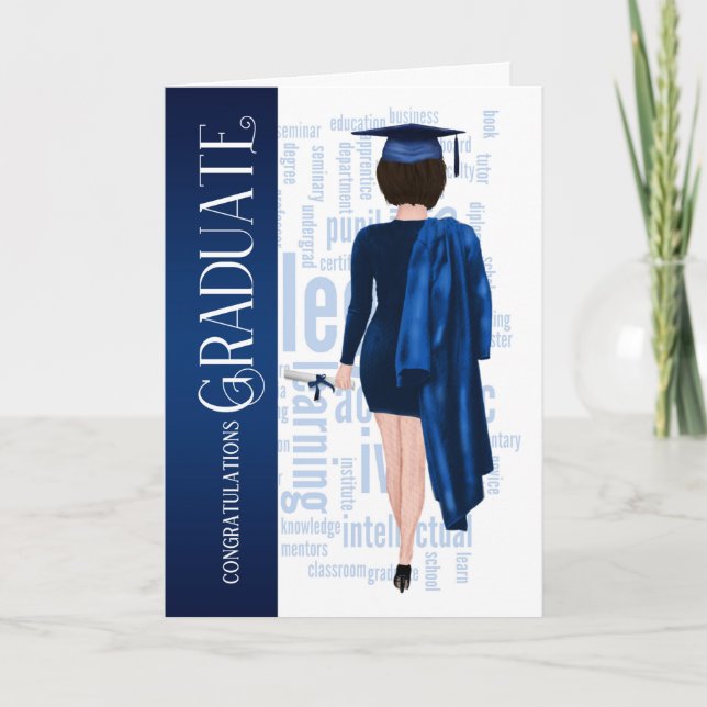 Brunette Woman Blue Cap and Gown Graduate Card (Front)
