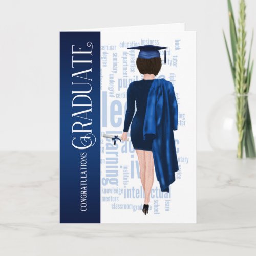Brunette Woman Blue Cap and Gown Graduate Card