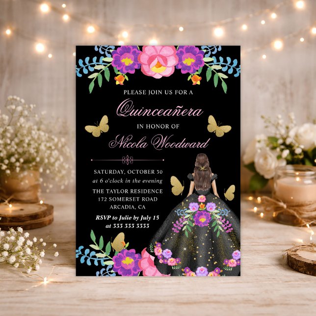 Brunette Woman in Mexican Floral Dress Quinceanera Invitation (Creator Uploaded)