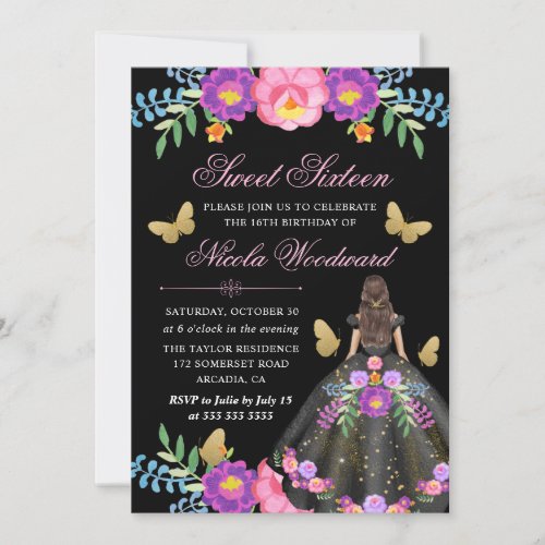 Brunette Woman in Mexican Floral Dress Sweet 16 Invitation