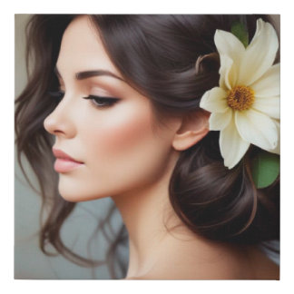 Brunette woman with flower in her hair faux canvas print