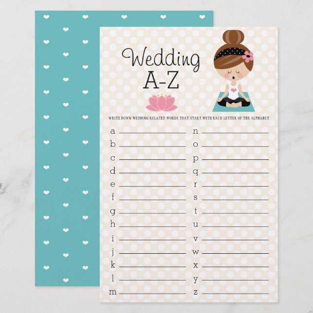 Brunette Yoga Bridal Shower Wedding A-Z Game (Front/Back)