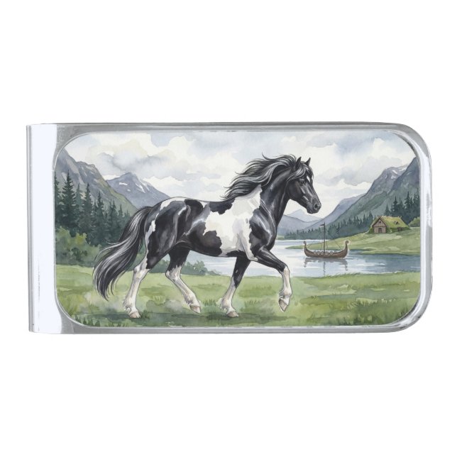Brunskjottur Black pinto Icelandic Silver Finish Money Clip (Front)